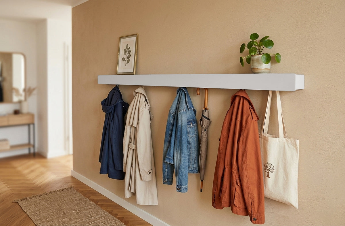 Schmales Wandboard mit versteckten Haken | Garderobe, Ablage & Schlüsselbrett ENNE 11er - snow white