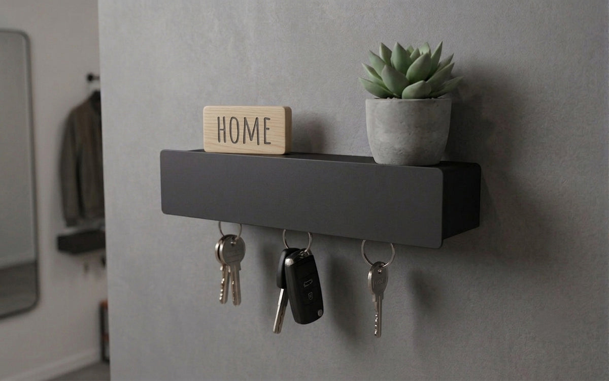 Schmales Wandboard mit versteckten Haken | Garderobe, Ablage & Schlüsselbrett ENNE 3er - black diamond