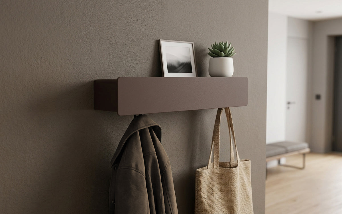 Schmales Wandboard mit versteckten Haken | Garderobe, Ablage & Schlüsselbrett ENNE 3er - dark chocolate