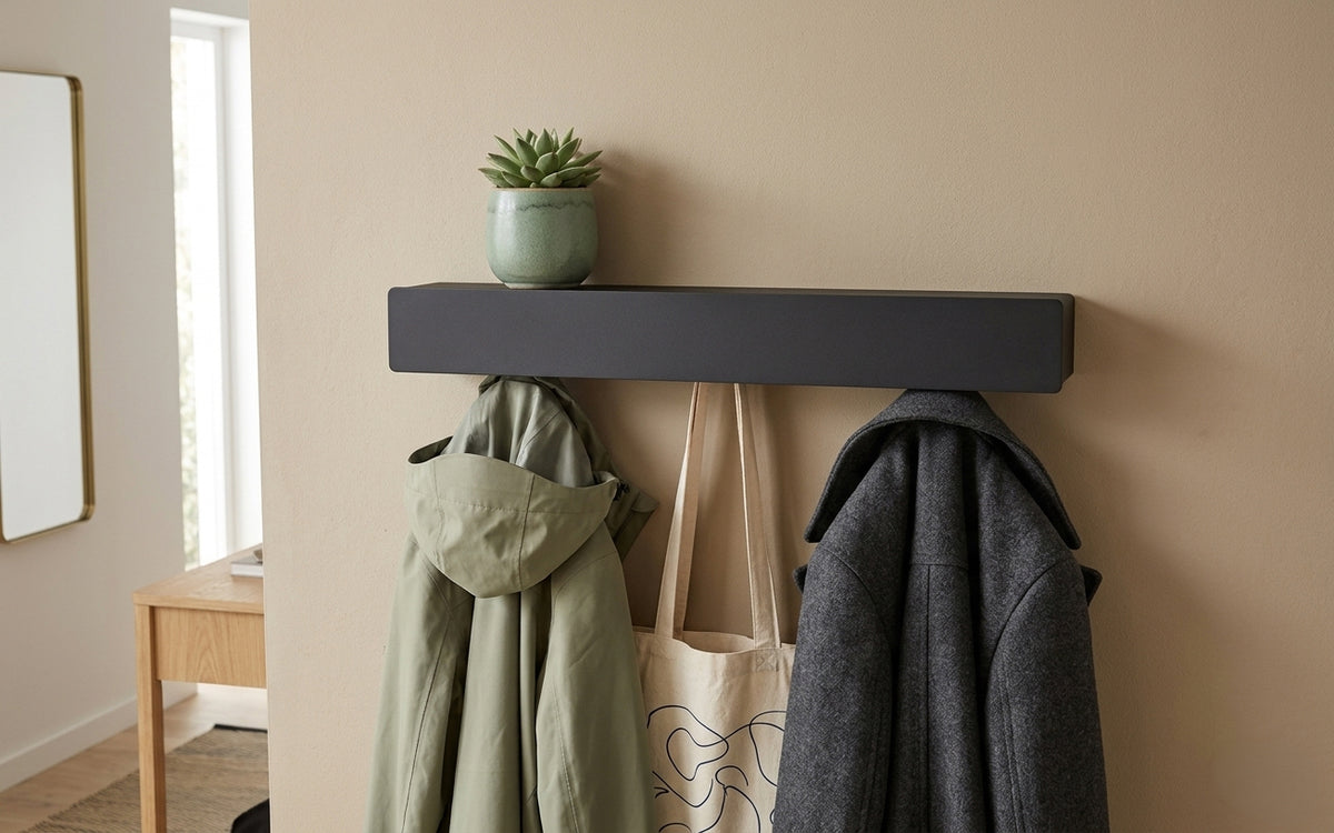Schmales Wandboard mit versteckten Haken | Garderobe, Ablage & Schlüsselbrett ENNE 6er - black diamond