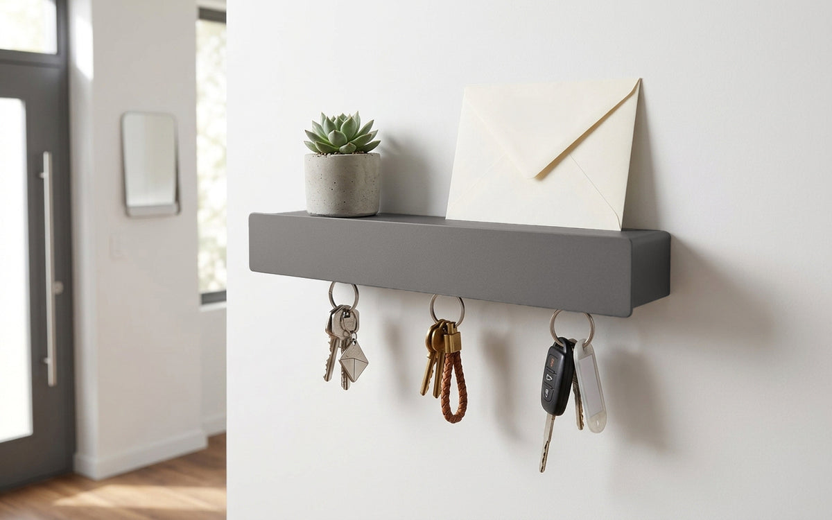 Schmales Wandboard mit versteckten Haken | Garderobe, Ablage & Schlüsselbrett 6er - carbon grey