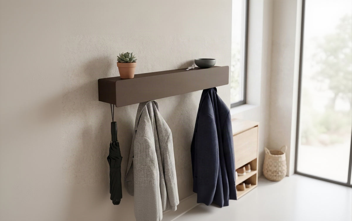 Schmales Wandboard mit versteckten Haken | Garderobe, Ablage & Schlüsselbrett ENNE 6er - dark chocolate