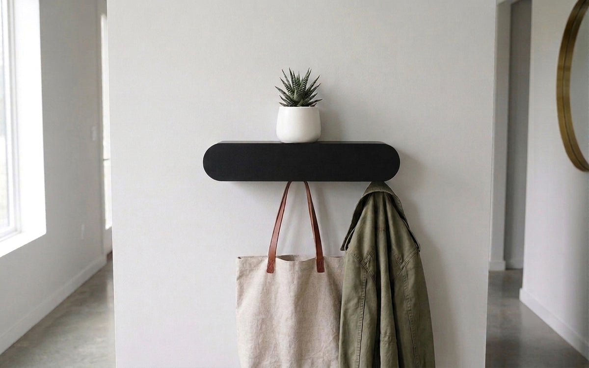 Schmales Wandboard mit versteckten Haken | Garderobe, Ablage & Schlüsselbrett ENNO 3er - black diamond