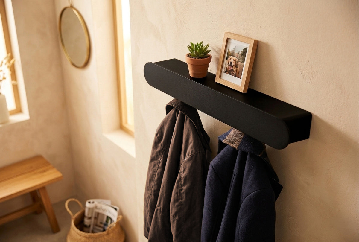 Schmales Wandboard mit versteckten Haken | Garderobe, Ablage & Schlüsselbrett ENNO 6er - black diamond