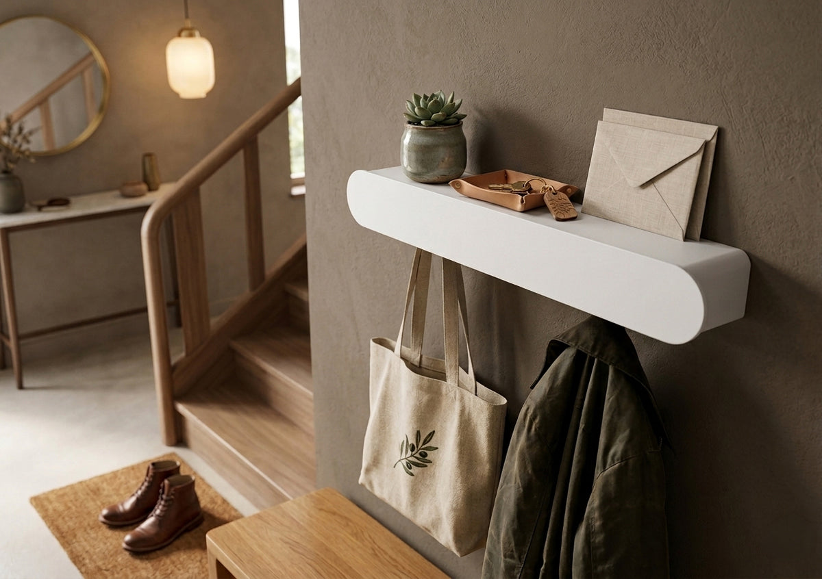 Schmales Wandboard mit versteckten Haken | Garderobe, Ablage & Schlüsselbrett ENNO 6er - snow white