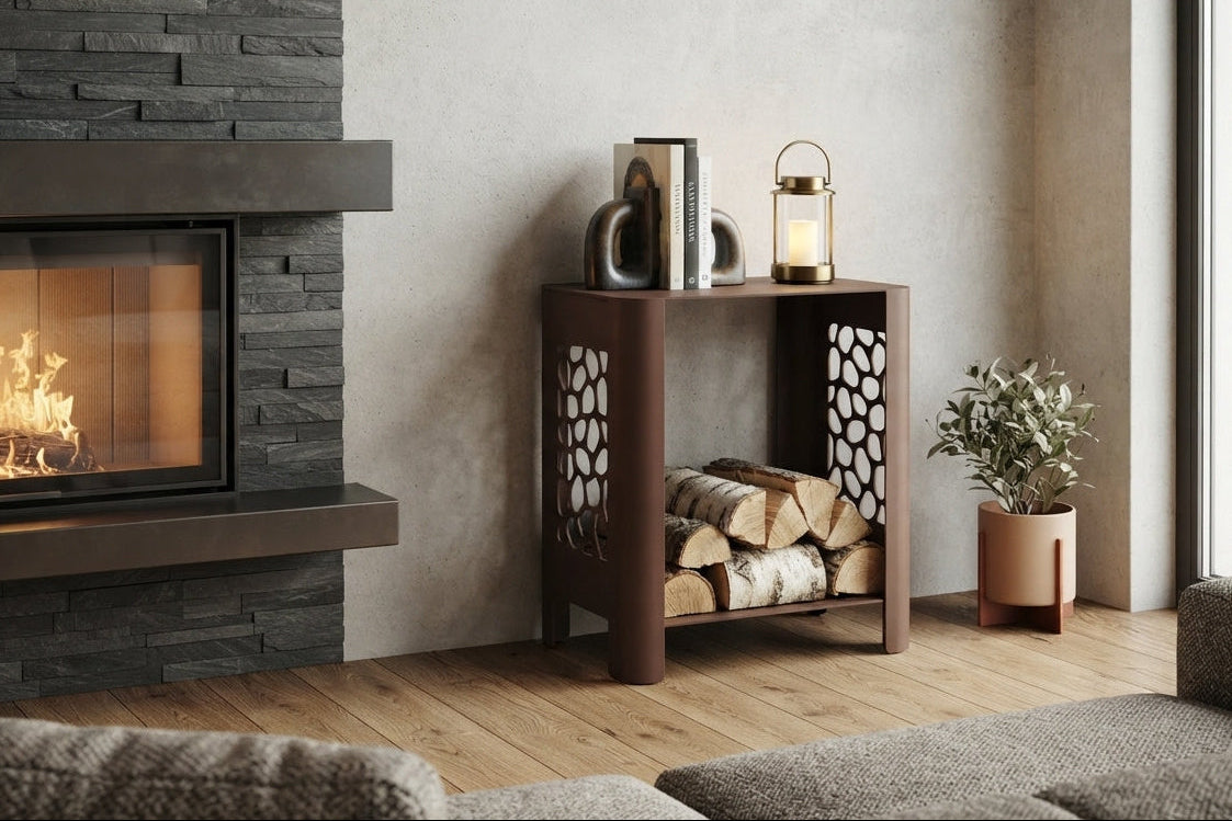 LYNY Stone - Beistelltisch, Standregal mit Ablage aus Stahl - dark chocolate