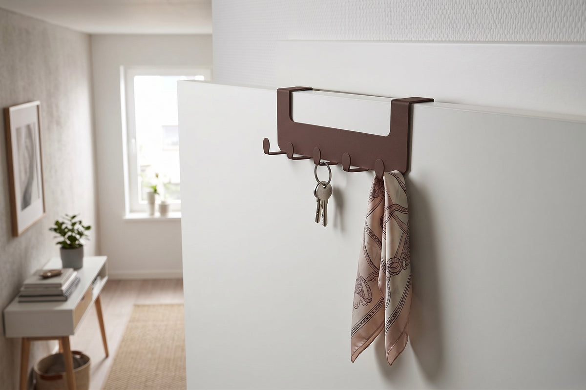 JOSH – Türgarderobe ohne Bohren | Türhakenleiste mit 5 Haken aus Stahl - dark chocolate
