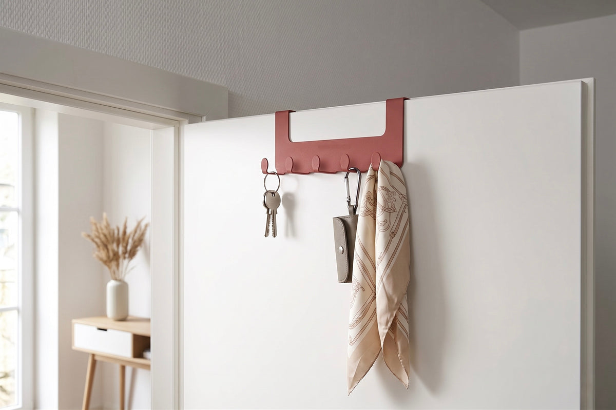 JOSH – Türgarderobe ohne Bohren | Türhakenleiste mit 5 Haken aus Stahl - red chili