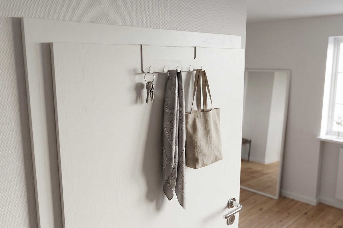 JOSH – Türgarderobe ohne Bohren | Türhakenleiste mit 5 Haken aus Stahl - snow white