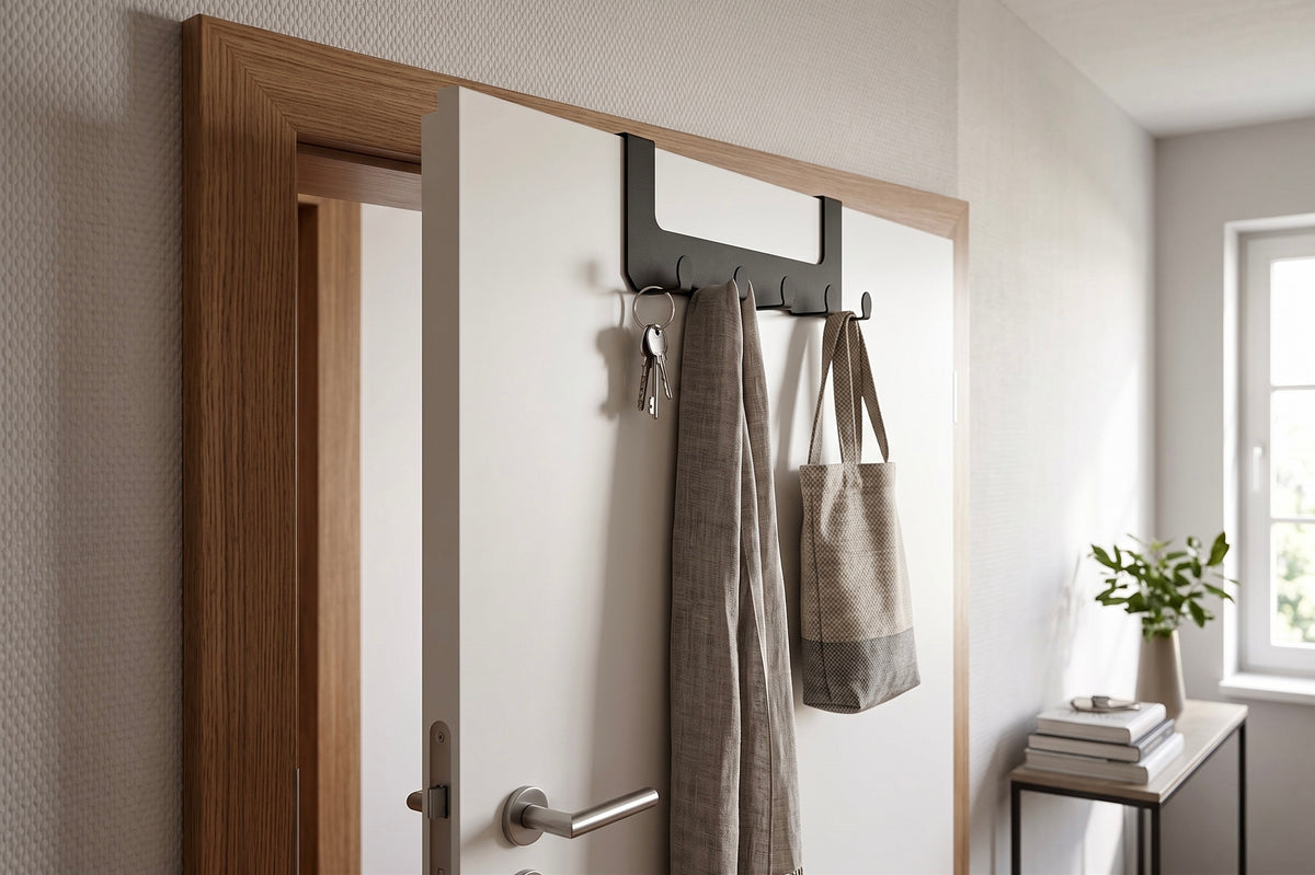 JOSH – Türgarderobe ohne Bohren | Türhakenleiste mit 5 Haken aus Stahl - black diamond