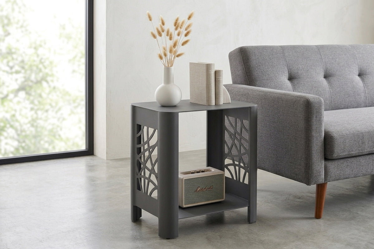 LYNY Curvy - Beistelltisch, Standregal mit Ablage aus Stahl - carbon grey