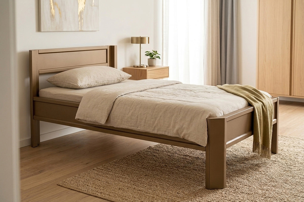 Metallbett ROMY 200x100 aus Aluminium – Bettgestell mit Kopfteil - golden toffee